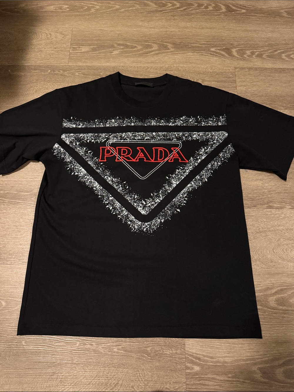 Prada Black Short-Sleeve Tee with Red Logo and White Graphic